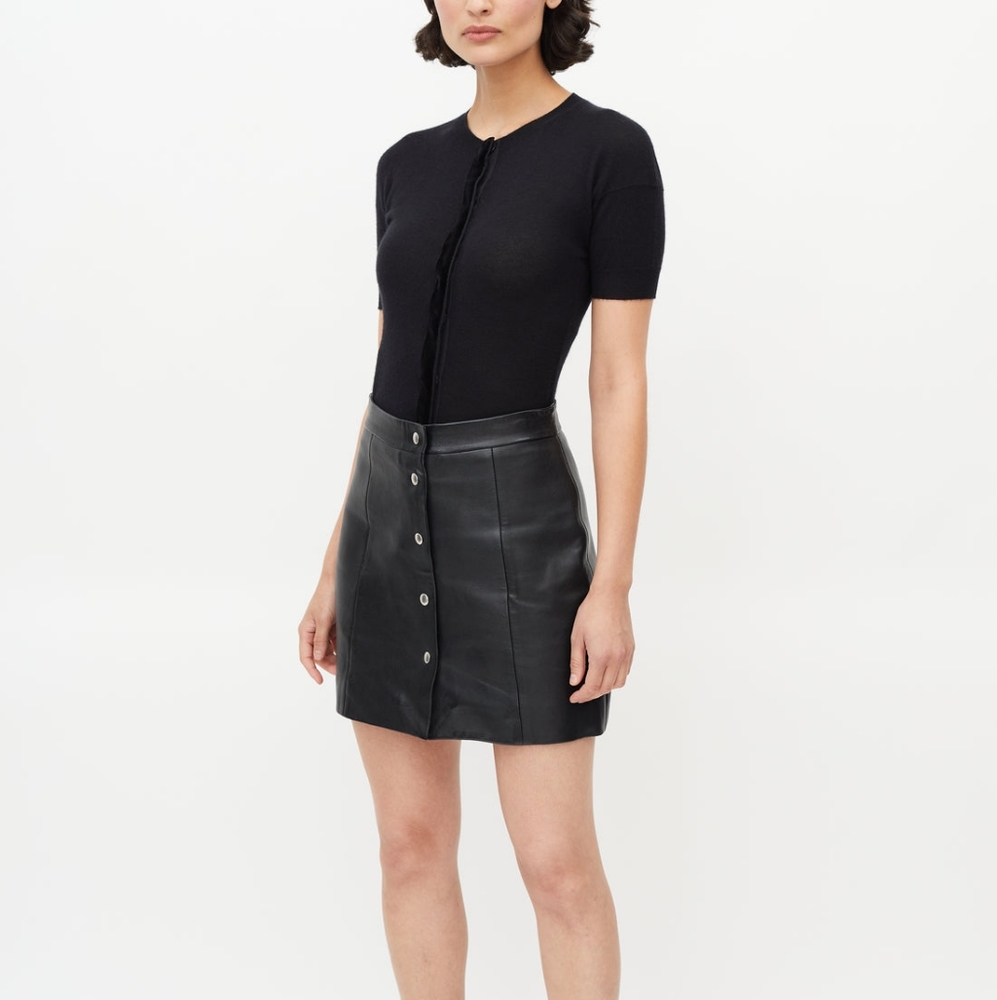 IRO PARIS Black Genuine Leather Mini Skirt with Silver Snap Closure